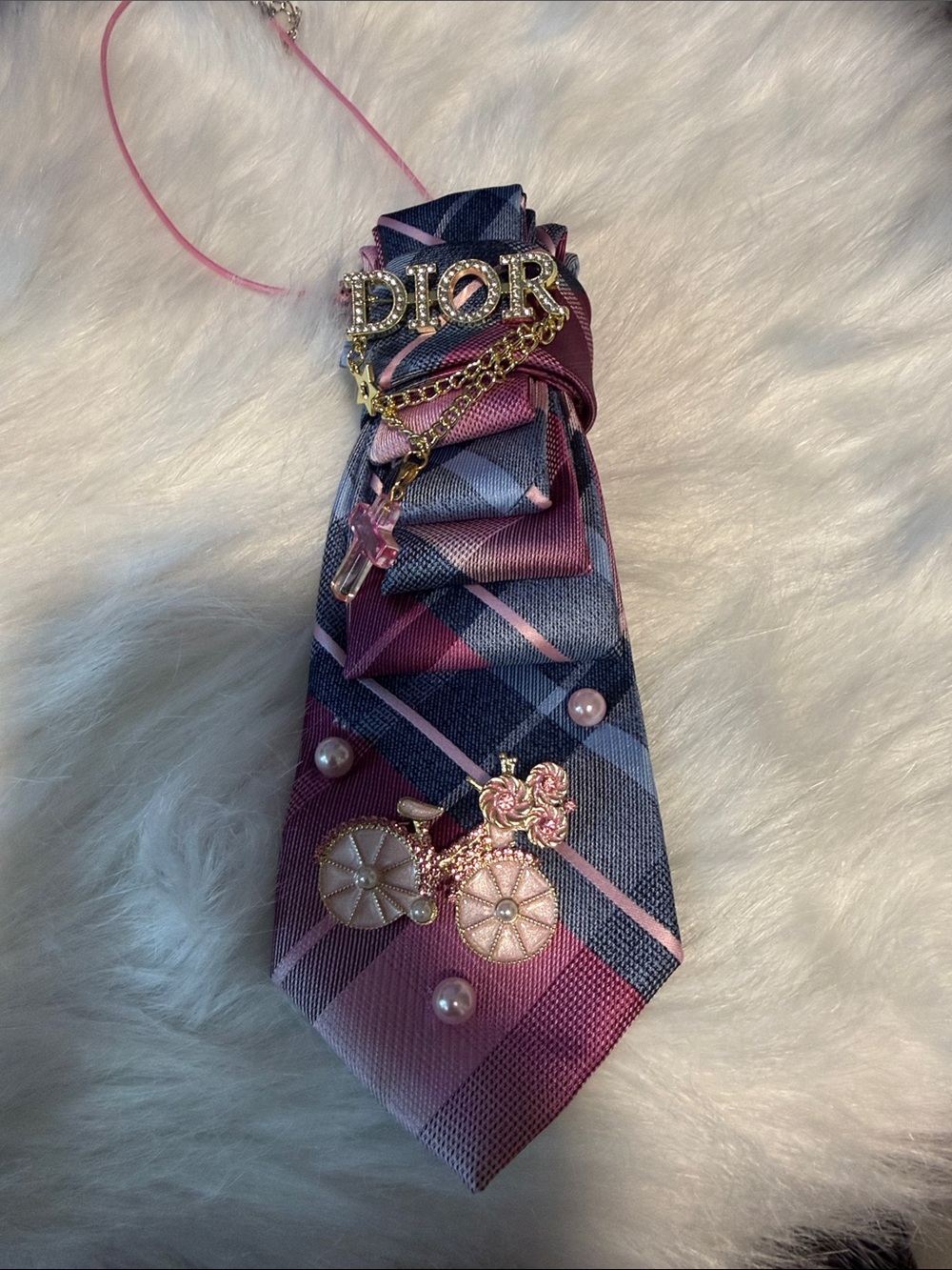 Dior Pink and Blue Plaid Silk Junk  Tie Necklace with Pearl & Gold Charms